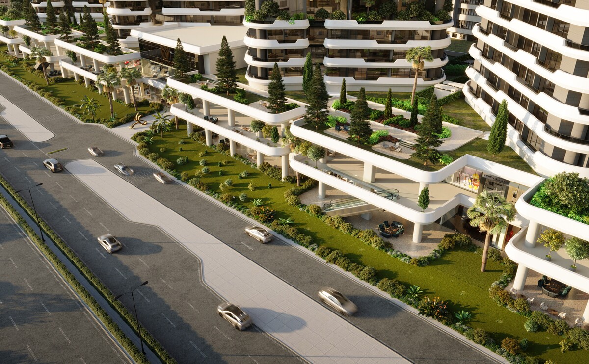 Landscaped podium level at Tulip Towers featuring lush gardens, walking paths, recreational areas, and elegant architectural terraces. The image highlights the development’s outdoor amenities and thoughtfully designed communal spaces.